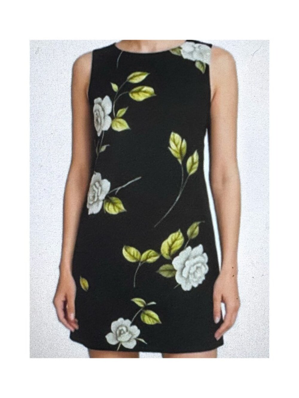 Gas & Co White Black Green Sleeveless Dress Shift Tailored Floral Designer MED